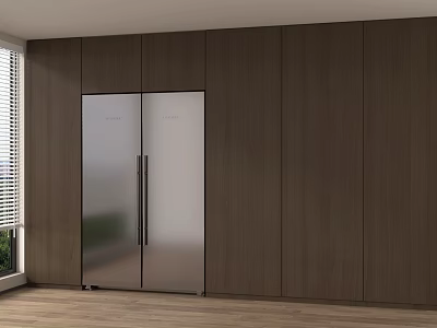 Modern Kitchen Interior With Built In Stainless Steel Refrigerator And Dark Wooden Cabinets 3d model