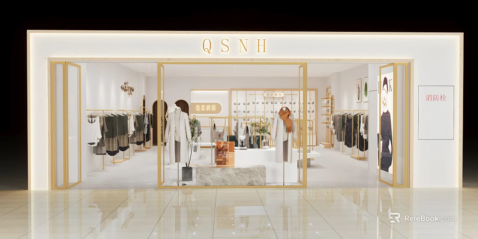 Bright Modern Clothing Store Interior With Mannequins Apparel Racks Bags And Flower Bouquets 3d model 