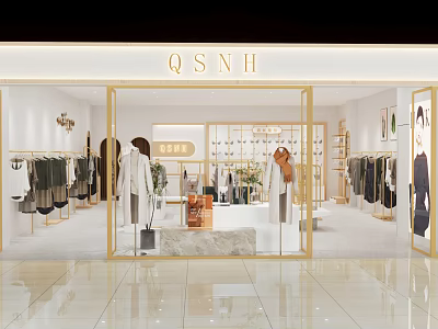 Bright Modern Clothing Store Interior With Mannequins Apparel Racks Bags And Flower Bouquets 3d model