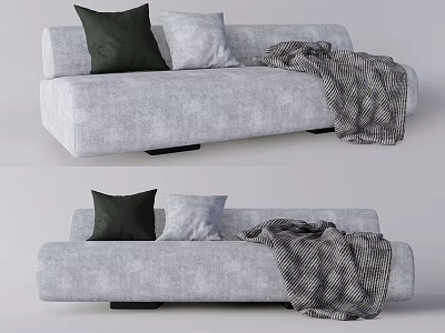 Modern Gray Sectional Sofa with Dark Green and Light Gray Cushions and Striped Throw Blanket 3d model