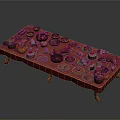 Assorted Food Spread with Roasted Turkey Cakes Fruits and Desserts on Long Red Tablecloth