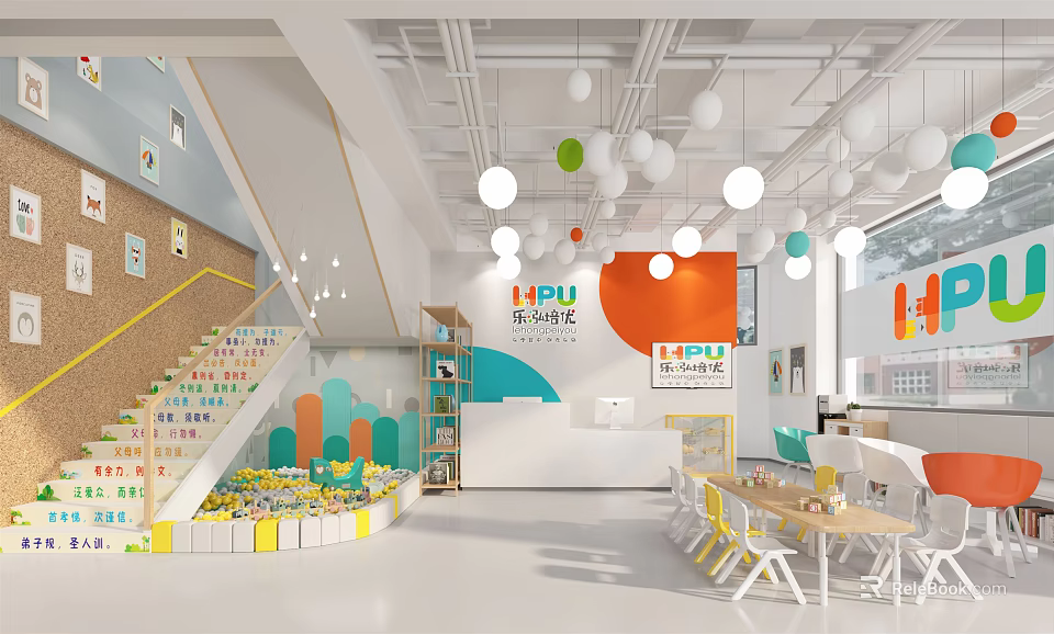 Bright School Children's Reading Area With Colorful Decor Bookshelves Staircase Tables And Chairs 3d model 