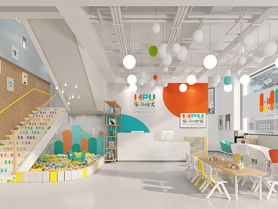 Bright School Children's Reading Area With Colorful Decor Bookshelves Staircase Tables And Chairs 3d model