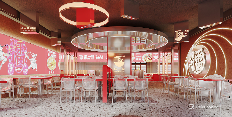 Restaurant Interior Design With Red Circular Ceiling Transparent Chairs And Red Decorations 3d model 