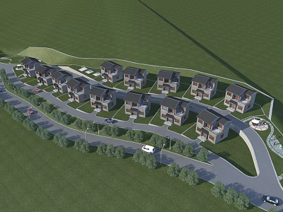 Detached Villas Arranged In Landscaped Residential Area With Green Lawns Trees And Roads 3d model