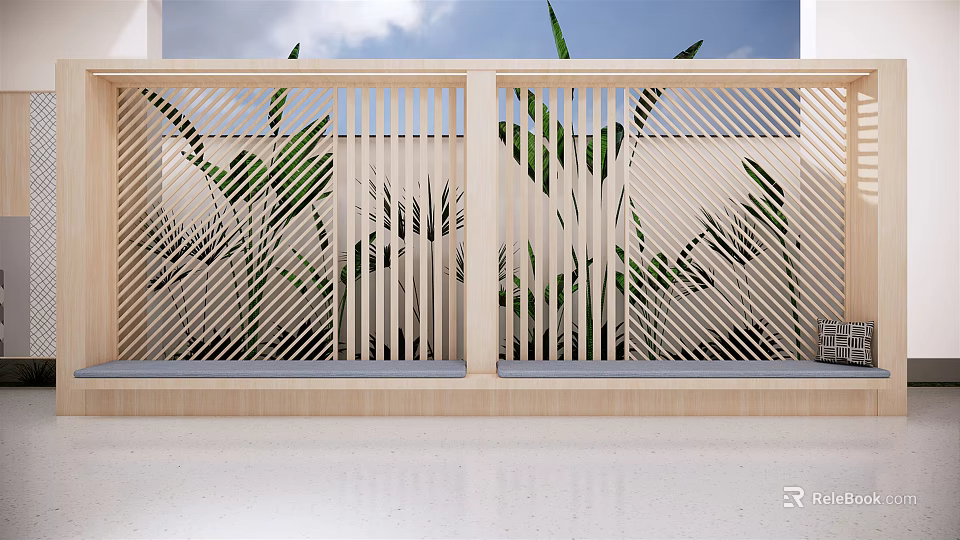 Outdoor Wooden Public Chair With Modern Design And Green Plants Near Railings 3d model 