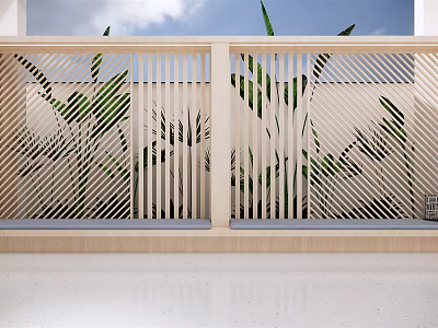 Outdoor Wooden Public Chair With Modern Design And Green Plants Near Railings 3d model