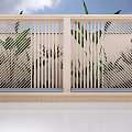Outdoor Wooden Public Chair With Modern Design And Green Plants Near Railings