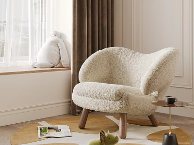 Cozy Fluffy Lounge Chair With Wooden Legs Near Window And Round Rug With Magazine 3d model