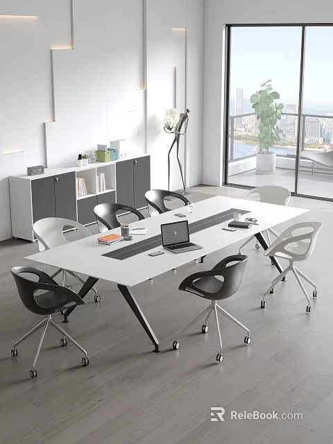 Modern White Conference Table With Black Legs Office Chairs Laptop Green Plant And City View 3d model 