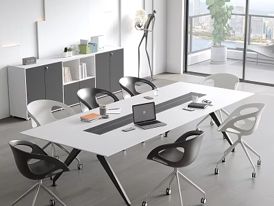 Modern White Conference Table With Black Legs Office Chairs Laptop Green Plant And City View 3d model
