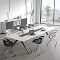 Modern White Conference Table With Black Legs Office Chairs Laptop Green Plant And City View