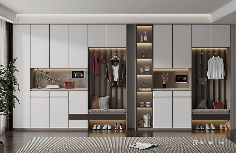Modern Shoe Cabinet Interior With White Cabinets Clothing Hanging Area And Bench 3d model 