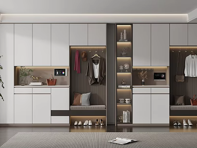 Modern Shoe Cabinet Interior With White Cabinets Clothing Hanging Area And Bench 3d model