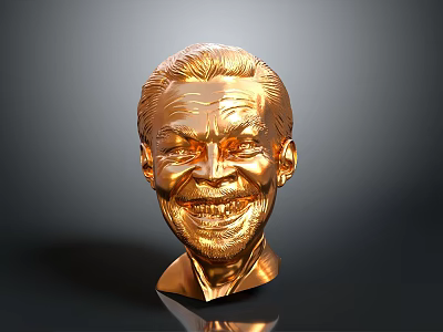 Detailed Golden Human Head Sculpture With Shiny Metallic Surface And Smiling Expression 3d model
