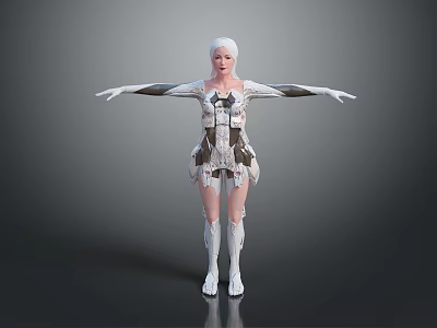 White Haired Female Character In Futuristic Mechanical Outfit With Outstretched Arms Standing On Gray Background 3d model