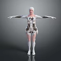 White Haired Female Character In Futuristic Mechanical Outfit With Outstretched Arms Standing On Gray Background