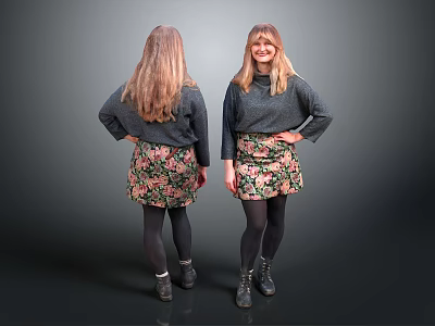 Woman With Long Hair Wearing Gray Sweater And Floral Skirt Front Back View 3d model