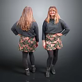 Woman With Long Hair Wearing Gray Sweater And Floral Skirt Front Back View