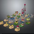 Toy Brick Castle And Various Surrounding Miniature Buildings With Colorful Designs