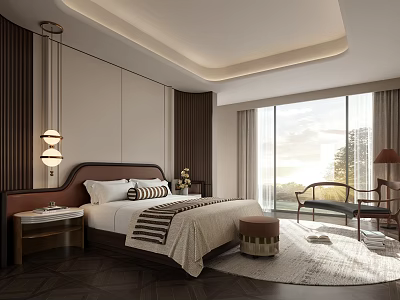 Elegant Modern Bedroom Interior With King Bed Nightstand Hanging Lamp Large Window And Armchair 3d model