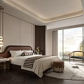 Elegant Modern Bedroom Interior With King Bed Nightstand Hanging Lamp Large Window And Armchair