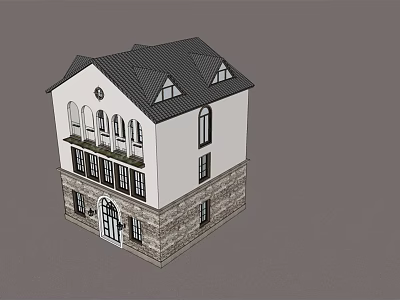 Classic Two Story House With Black Roof White Walls Stone Base Balcony And Arched Windows 3d model