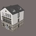 Classic Two Story House With Black Roof White Walls Stone Base Balcony And Arched Windows