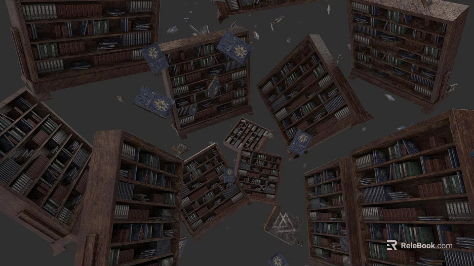 Wooden Bookcases With Shelves Filled With Books And Scattered Pages On Gray Background 3d model 