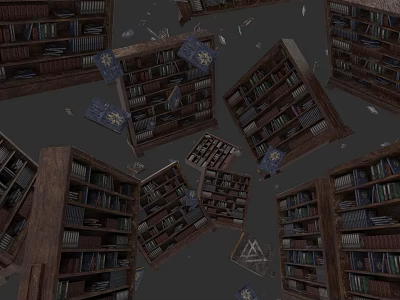 Wooden Bookcases With Shelves Filled With Books And Scattered Pages On Gray Background 3d model