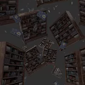 Wooden Bookcases With Shelves Filled With Books And Scattered Pages On Gray Background