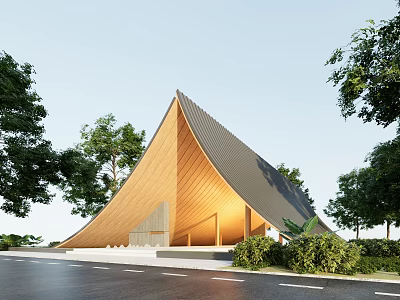 Modern Garden Landscape Featuring Triangular Wooden Roof Structure With Surrounding Trees And Greenery 3d model