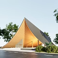 Modern Garden Landscape Featuring Triangular Wooden Roof Structure With Surrounding Trees And Greenery