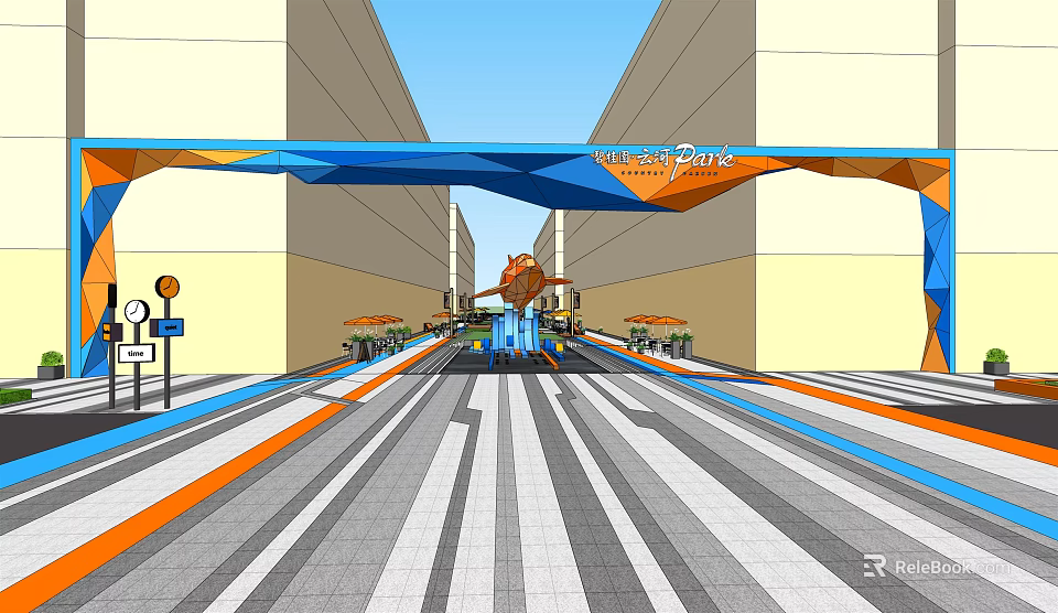 Modern Office Landscape With Spacious Pathway Geometric Canopy And Striped Pavement 3d model