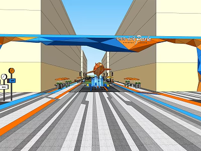 Modern Office Landscape With Spacious Pathway Geometric Canopy And Striped Pavement 3d model