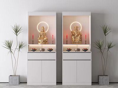 White Display Cabinets With Golden Buddha Statues Red Candles And Decorative Items Alongside Green Plants 3d model