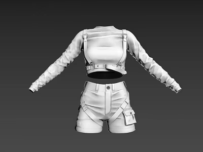 White Long Sleeve Crop Top With Harness Belt And Cargo Shorts Design 3d model