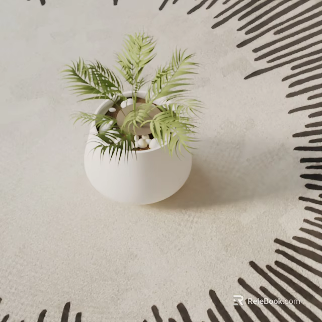 Potted Green Fern Plant In White Pot On Light Floor With Black White Striped Rug 3d model 