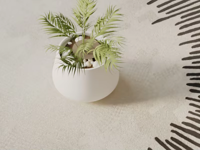 Potted Green Fern Plant In White Pot On Light Floor With Black White Striped Rug 3d model