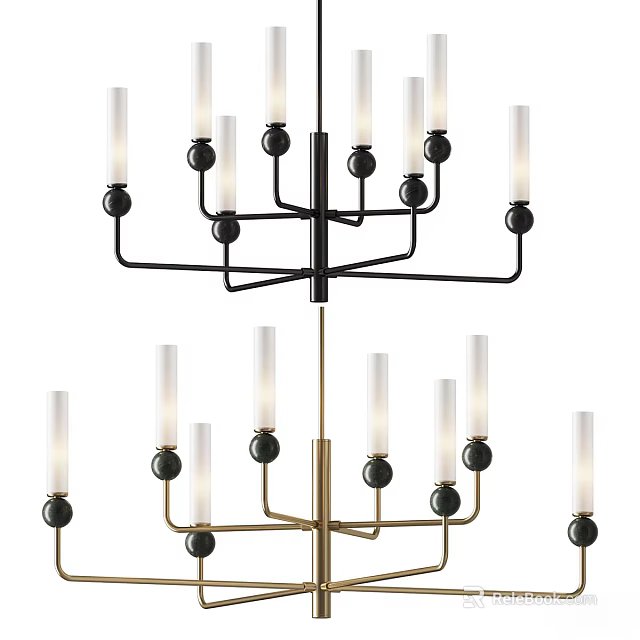 Contemporary Black Gold Metal Chandelier With Multiple Arms And White Glass Candle Shades 3d model 