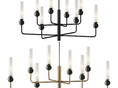Contemporary Black Gold Metal Chandelier With Multiple Arms And White Glass Candle Shades 3d model