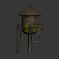 Vintage Rusted Water Tower With Conical Roof Moss Covered Surface And Metal Ladder