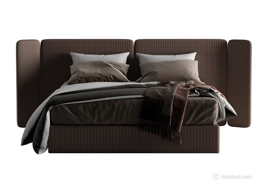 Modern Brown Double Bed Interior With Textured Headboard Pillows And Blanket 3d model