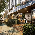 Illuminated Modern Commercial Street With Glass Facades Tall Buildings Greenery And Pedestrians
