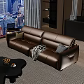 Leather Sofa and Coffee Table Set with Pillows Throw Blanket and City View Window
