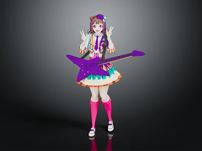 Cat Ear Girl With Purple Electric Guitar Wearing Colorful Dress Pink Stockings And White Shoes 3d model