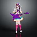 Cat Ear Girl With Purple Electric Guitar Wearing Colorful Dress Pink Stockings And White Shoes
