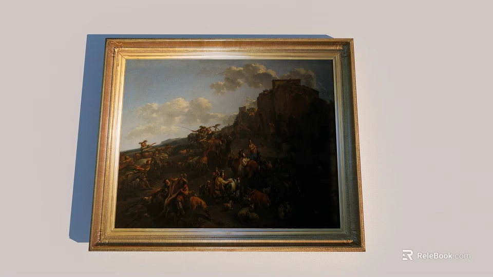 Ornate Golden Picture Frame With Landscape Painting Featuring Mountain Clouds Figures And Animals 3d model 
