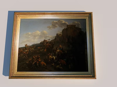 Ornate Golden Picture Frame With Landscape Painting Featuring Mountain Clouds Figures And Animals 3d model