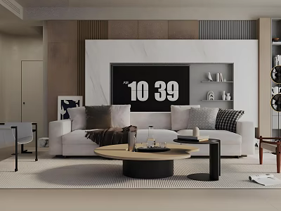 Modern Living Room Interior With Sofa Pillows Round Coffee Table Large Screen And Decorative Shelves 3d model